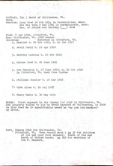 MAYNARD, Ira (d. 1832 Pittsford) WOOD 1810 Census Chittenden